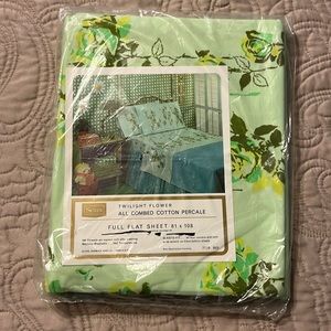 Vintage Sears “Twilight Flower” Full size flat sheet green